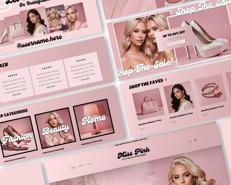 May include: A pink and white website homepage for a clothing boutique called "Miss Pink Clothing Boutique". The website features a sale banner with the text "Shop The Sale!" and "Up to 50% Off". The website also features a section called "Shop The Faves" with images of various products, including a handbag, jewelry, and clothing.