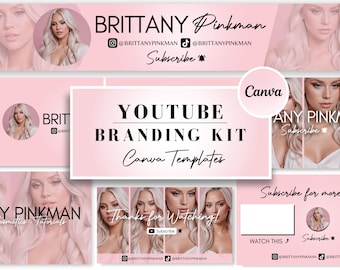 YouTube Branding Kit Pink l Editable Banners, Intros & Outro Templates l Editable Canva templates