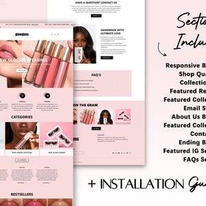 May include: A pink website design layout promoting beauty products, with sections for glosses, lashes, categories, and bestsellers. Text includes "Sections Included" and "Installation Guide".
