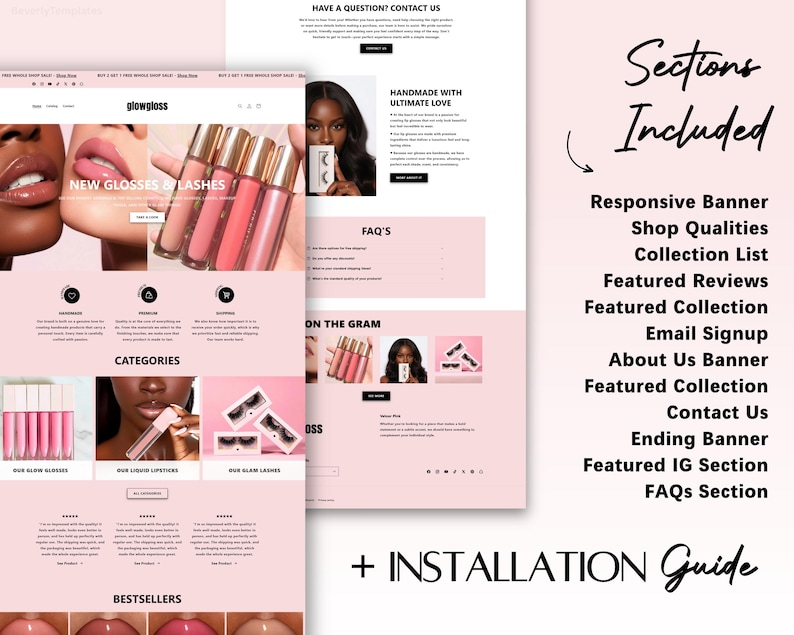 May include: A pink website design layout promoting beauty products, with sections for glosses, lashes, categories, and bestsellers. Text includes "Sections Included" and "Installation Guide".