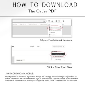 May include: A screenshot of a computer screen showing instructions on how to download a digital file from Etsy. The instructions include clicking on the "Purchases & Reviews" and then "Download Files" buttons.