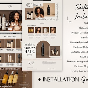 May include: Website mockup for a hair care brand called "Hair Beyond". The website features a slideshow, product details, email signup, and a hair care routine banner. The website also includes a section for featured collections, an autoplay video banner, a FAQ section, a featured Instagram banner, featured blog posts, and an ending banner section.