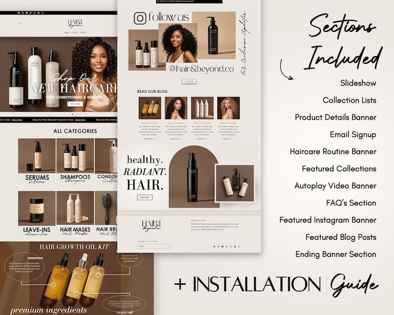 May include: Website mockup for a hair care brand called "Hair Beyond". The website features a slideshow, product details, email signup, and a hair care routine banner. The website also includes a section for featured collections, an autoplay video banner, a FAQ section, a featured Instagram banner, featured blog posts, and an ending banner section.