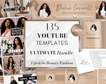 May include: A collage of images promoting 135 YouTube templates for lifestyle, beauty, and fashion content creators. The templates are designed in a neutral beige and brown colour scheme with black text. The text "135 YouTube Templates Ultimate Bundle Lifestyle/Beauty/Fashion" is featured prominently in the centre of the image.