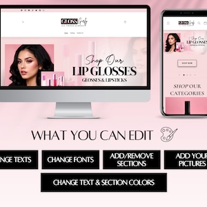 May include: A computer screen and a mobile phone display a website for a cosmetics company called "Gloss Girl". The website features a pink background with a model wearing makeup and lip gloss. The text on the website reads "Shop Our Lip Glosses, Glosses & Lipsticks".