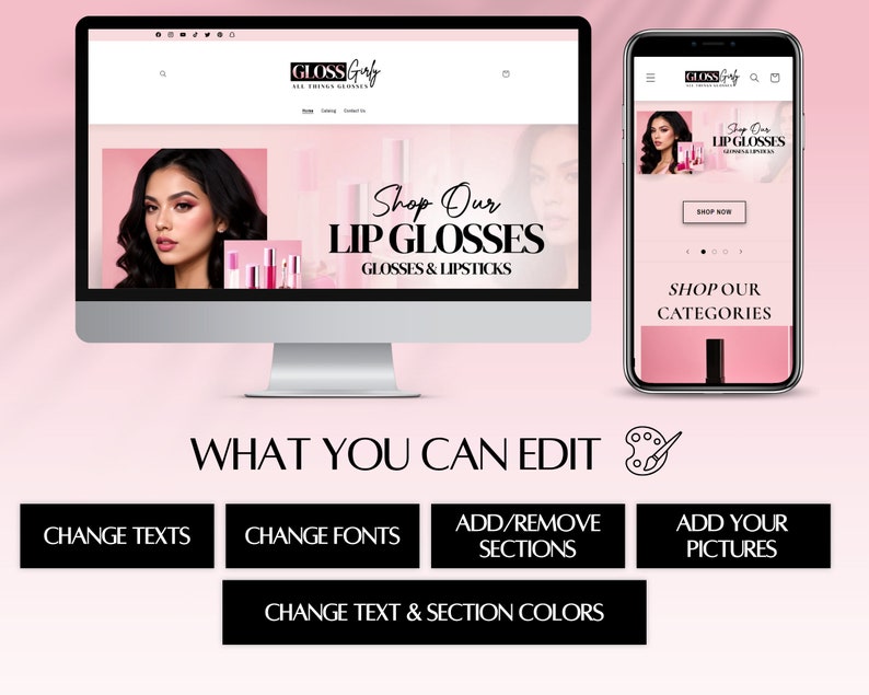 May include: A computer screen and a mobile phone display a website for a cosmetics company called "Gloss Girl". The website features a pink background with a model wearing makeup and lip gloss. The text on the website reads "Shop Our Lip Glosses, Glosses & Lipsticks".