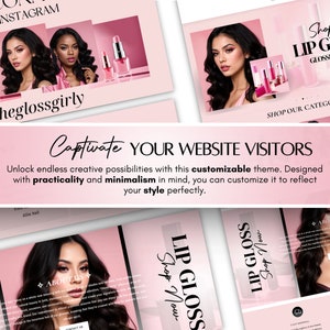 May include: Website mockup for a lip gloss and lipstick brand. The website features a pink colour scheme and images of models wearing lip gloss. The text "Shop Our Lip Glosses" is displayed in a large font.