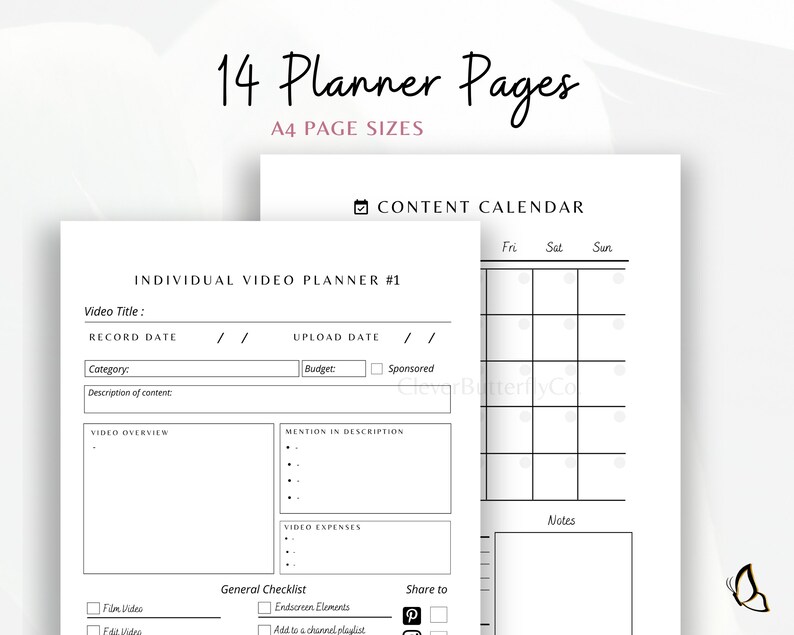 May include: Black and white printable planner pages for video content creators. The pages include a content calendar, individual video planner, and general checklist. The planner pages are designed for A4 size paper.