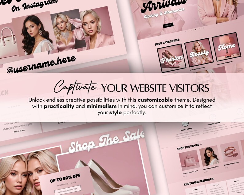 May include: A pink and white website design template for an online store. The template features a pink background with white text and images. The text includes the words "Captivate Your Website Visitors" and "Shop The Sale". The images include a woman wearing a pink dress, a pair of white high heels, and a pink handbag.