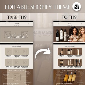 May include: A website screenshot showing a before and after comparison of a Shopify theme for a hair care brand. The before image shows a simple website with a placeholder logo and basic product categories. The after image shows a more modern and visually appealing website with a professional logo, high-quality product images, and a clear call to action.