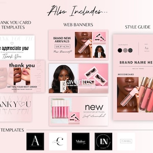 May include: A selection of pink and white marketing templates, including thank you cards, web banners, a style guide, and logo templates. The web banners showcase images of beauty products and models. The style guide features a colour palette and brand name.