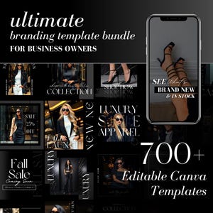 Może przedstawiać: Kolaż czarno-białych obraz&oacute;w przedstawiających treści związane z modą i stylem życia. Tekst "ultimate branding template bundle for business owners" znajduje się w g&oacute;rnej części obrazu. Tekst "700+ Editable Canva Templates" znajduje się w dolnej części obrazu.
