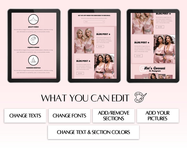 May include: A pink and white digital template for a blog post with the text "BLOG POST +" and a call to action to "See More". The template is designed for a fashion blog and features a photo of two women wearing pink satin outfits. The template also includes a section for a social media call to action with the text "Let's Connect on Instagram".
