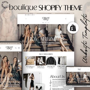 May include: A website template for a clothing boutique with the text "CHLOE Clothing" and "NEW ARRIVALS PREMIUM QUALITY" displayed on the homepage. The template features a modern design with a focus on showcasing products and providing information about the brand.