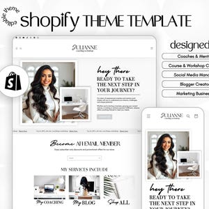 May include: A website template for coaches, mentors, and other online business owners. The template features a clean and modern design with a focus on showcasing services and testimonials. The text on the website reads "Hey there, ready to take the next step in your journey?" and "Become an email member."