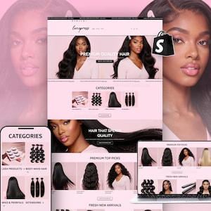 Könnte beinhalten: Ein Website-Design für einen Shop für Haar- und Schönheitsprodukte, dargestellt auf einem Laptop, Telefon und Tablet. Die Website zeigt Haarverlängerungen, Perücken und Wimpernprodukte. Das Farbschema ist hauptsächlich rosa und weiß, mit dem Text "PREMIUM QUALITY HAIR".