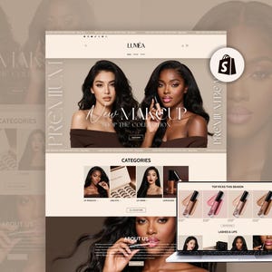 Könnte beinhalten: Ein Website-Mockup für eine Beauty-Marke mit einem hellbeigen Farbschema. Die Hauptseite zeigt den Text "New Makeup, Shop the Collection" mit Bildern von Models. Zusätzliche Abschnitte zeigen Produktkategorien und Top-Auswahlen.