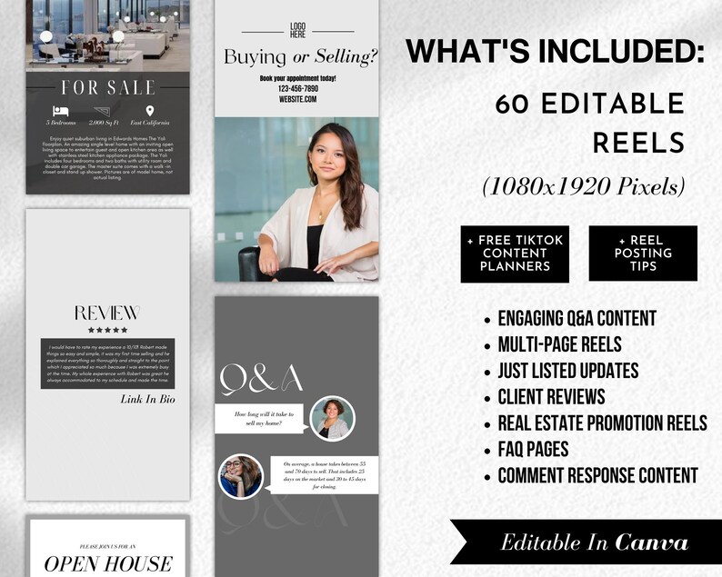 May include: A digital marketing kit for real estate agents. The kit includes 60 editable reels for social media, with content for TikTok, real estate promotion, client reviews, and more. The kit is designed to be used in Canva.