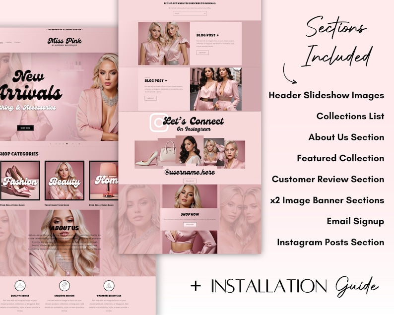 May include: A website mockup for a clothing and accessories store called "Miss Pink". The website features a pink color scheme and includes sections for new arrivals, shop categories, about us, and a blog. The website also includes a call to action to "Shop Now".