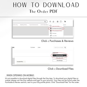 May include: A screenshot of the Etsy website showing how to download a digital purchase. The instructions show how to find the download files under the Purchases & Reviews section, next to the Etsy profile photo. The text on the screen reads "Click < Purchases & Reviews" and "Click < Download Files".