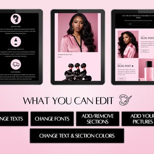 K&ouml;nnte beinhalten: Drei Tablet-Bildschirme, die eine Website-Vorlage f&uuml;r ein Unternehmen f&uuml;r Haarverl&auml;ngerungen zeigen. Die Website hat einen rosa Hintergrund, Bilder von Haarverl&auml;ngerungen und Text, der "Qualit&auml;tshaar", "Naturprodukte", "Schneller Versand", "Beispielprodukttitel", "Blogbeitrag" und "Erhalten Sie 20 % Rabatt, wenn Sie sich f&uuml;r unseren E-Mail-Newsletter anmelden" lautet. Der Text unter den Tablets lautet "Was Sie bearbeiten k&ouml;nnen" und enth&auml;lt Schaltfl&auml;chen mit den Bezeichnungen "Texte &auml;ndern", "Schriftarten &auml;ndern", "Abschnitte hinzuf&uuml;gen/entfernen", "Eigene Bilder hinzuf&uuml;gen" und "Text- und Abschnittsfarben &auml;ndern".
