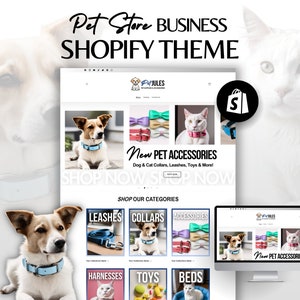 Könnte beinhalten: Eine Website-Startseite für ein Tiergeschäft namens "Pet Jules", das Hunde- und Katzenzubehör verkauft. Die Website bietet eine Vielzahl von Produkten, darunter Halsbänder, Leinen, Spielzeug und Betten. Die Website hat auch einen Bereich für neues Tierzubehör.
