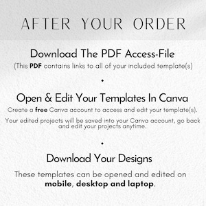 May include: A white background with black text explaining the steps to access and edit digital templates after purchase. The text reads "After Your Order", "Download The PDF Access-File", "Open & Edit Your Templates In Canva", and "Download Your Designs".