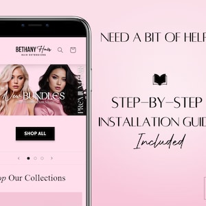 K&ouml;nnte beinhalten: Ein Handy-Bildschirm, auf dem eine Website f&uuml;r Haarverl&auml;ngerungen angezeigt wird. Die Website zeigt ein Bannerbild von zwei Frauen mit langen Haaren, und der Text "New Bundles" ist auf dem Banner zu sehen. Die Website enth&auml;lt auch einen "Shop All"-Button und eine Navigationsleiste mit dem Text "Shop Our Collections". Der Text "NEED A BIT OF HELP?" wird auf der rechten Seite des Bildes angezeigt, zusammen mit einem Buchsymbol und dem Text "STEP-BY-STEP INSTALLATION GUIDE Included".