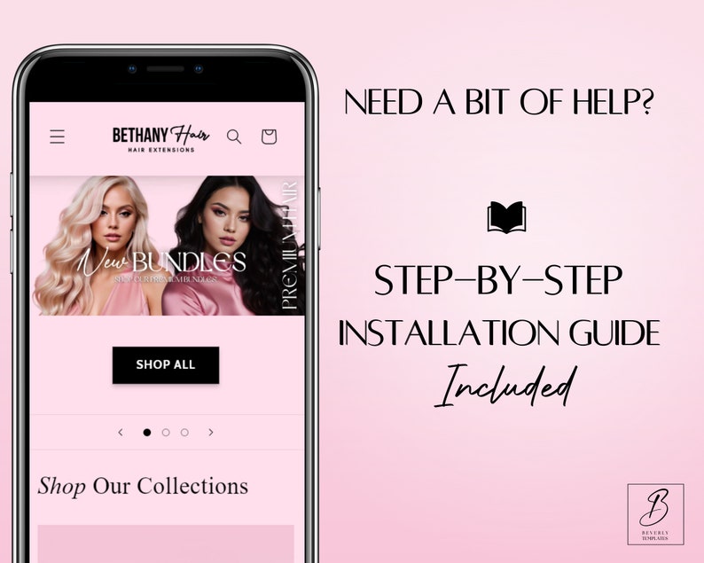 K&ouml;nnte beinhalten: Ein Handy-Bildschirm, auf dem eine Website f&uuml;r Haarverl&auml;ngerungen angezeigt wird. Die Website zeigt ein Bannerbild von zwei Frauen mit langen Haaren, und der Text "New Bundles" ist auf dem Banner zu sehen. Die Website enth&auml;lt auch einen "Shop All"-Button und eine Navigationsleiste mit dem Text "Shop Our Collections". Der Text "NEED A BIT OF HELP?" wird auf der rechten Seite des Bildes angezeigt, zusammen mit einem Buchsymbol und dem Text "STEP-BY-STEP INSTALLATION GUIDE Included".