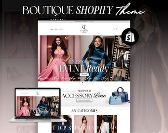 May include: A website homepage for a fashion boutique featuring a model wearing a pink dress and the text "So you can stay... EVENT Ready". The website also features a section for "SHOP OUR ACCESSORY LINE" and a section for "ALL CATEGORIES" with the categories "TOPS", "DRESSES", and "BOTTOMS".