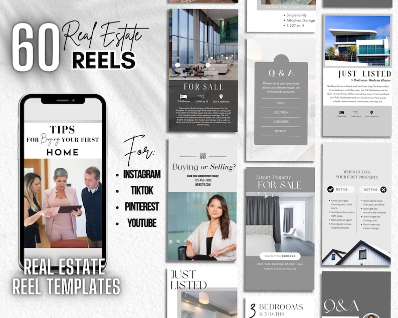 May include: A collection of 60 real estate reel templates for Instagram, TikTok, Pinterest, and YouTube. The templates feature a variety of designs, including a gray and white color scheme, a black and white color scheme, and a colorful color scheme. The templates are perfect for real estate agents who want to create engaging and informative videos for their social media.