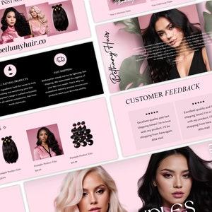 K&ouml;nnte beinhalten: Ein pinkfarbenes und schwarzes Website-Design f&uuml;r ein Unternehmen f&uuml;r Haarverl&auml;ngerungen namens Bethany Hair. Die Website zeigt Bilder von Haarverl&auml;ngerungen, Kundenbewertungen und einen Call-to-Action zum Einkaufen. Die Website enth&auml;lt auch den Social-Media-Handle des Unternehmens, @bethanyhair.co.