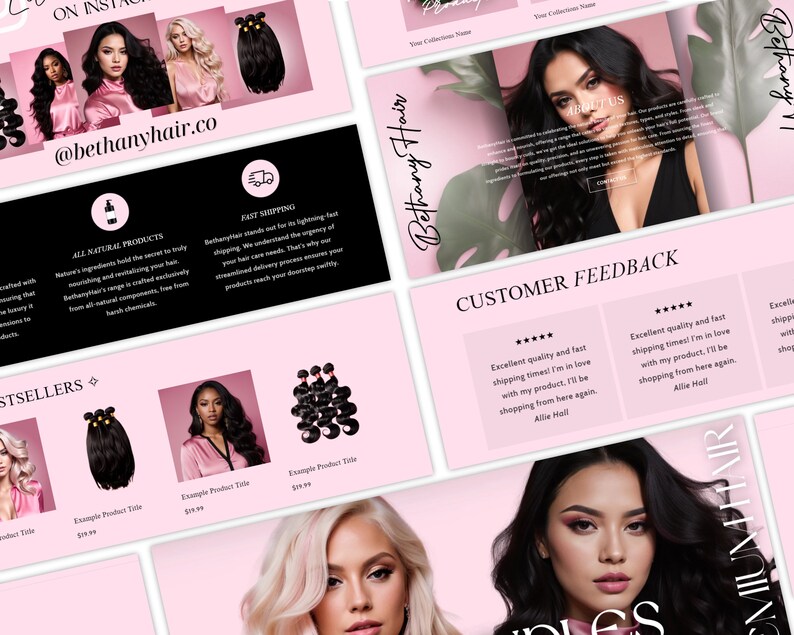 K&ouml;nnte beinhalten: Ein pinkfarbenes und schwarzes Website-Design f&uuml;r ein Unternehmen f&uuml;r Haarverl&auml;ngerungen namens Bethany Hair. Die Website zeigt Bilder von Haarverl&auml;ngerungen, Kundenbewertungen und einen Call-to-Action zum Einkaufen. Die Website enth&auml;lt auch den Social-Media-Handle des Unternehmens, @bethanyhair.co.