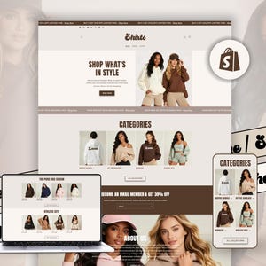 May include: A website interface displayed on a laptop and mobile device, featuring a clothing store layout with brown and white colour schemes, product categories, promotional text, and images of models wearing hoodies and athletic sets.
