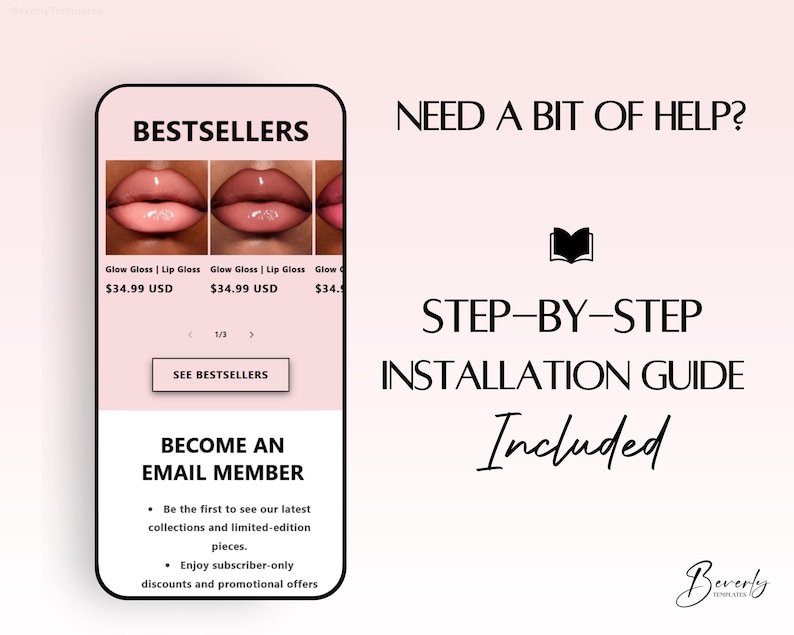 May include: A digital display advertising lip gloss products, with the text "BESTSELLERS" at the top. The display includes product images, prices, and a call to action to "SEE BESTSELLERS." Additional text promotes email membership.