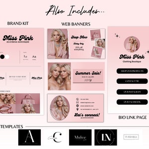 May include: A pink and white brand kit for a clothing boutique called "Miss Pink". The kit includes a logo, color palette, mood board, and web banners. The web banners feature a pink background with images of women and text that says "Shop Now", "Summer Sale!" and "Miss Pink Clothing Boutique". The kit also includes a bio link page with buttons for "Shop Our Products", "Contact Me", "Our Instagram", and "Our Facebook".
