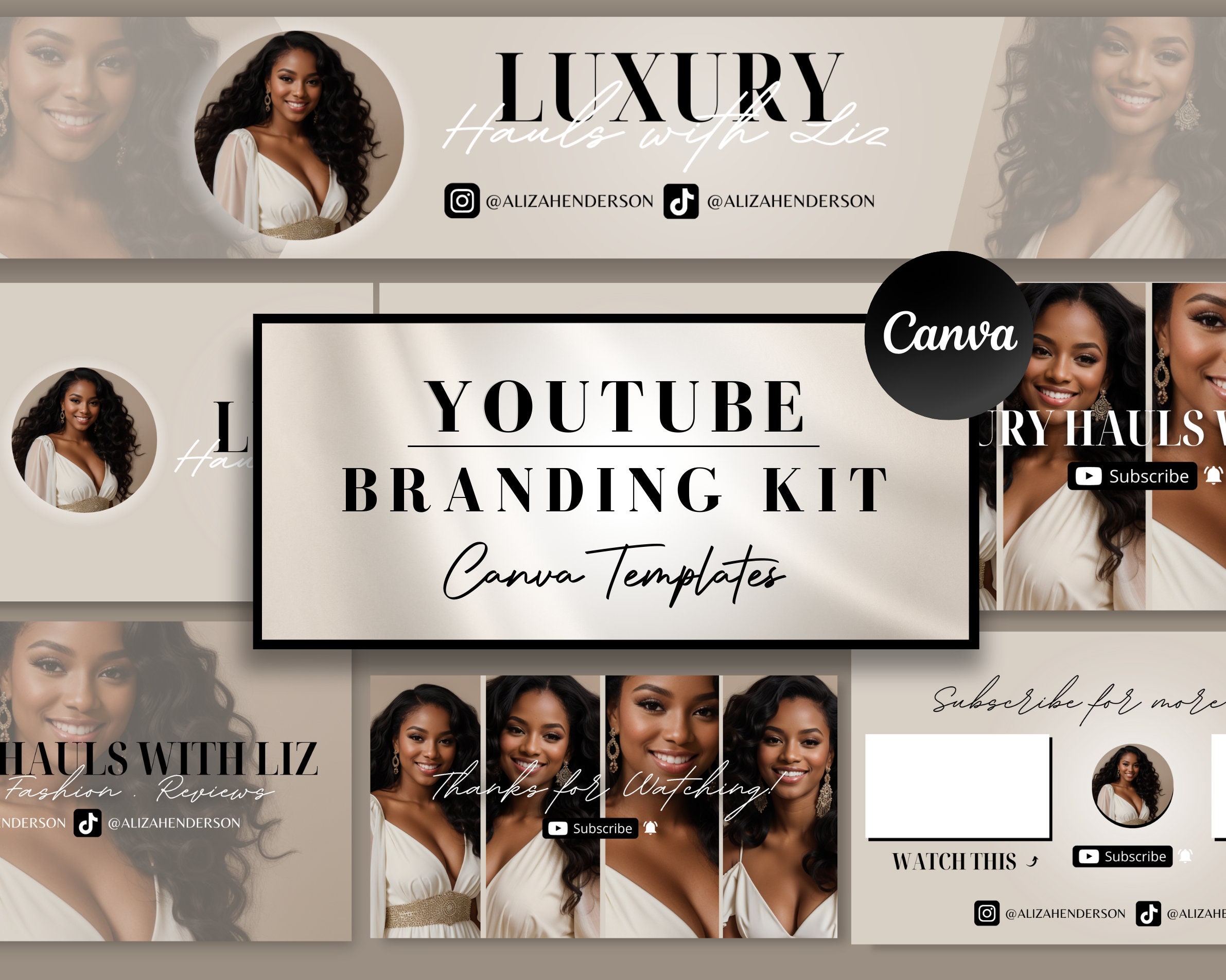 YouTube Branding Kit Luxury l Editable Banners, Intros & Outro Templates l Editable Canva templates