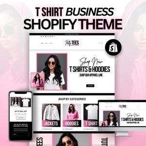 May include: A website design for a T-shirt business, featuring a Shopify theme. The design includes a desktop computer, a smartphone, and a tablet, all displaying the website. The website showcases jackets, hoodies, and t-shirts. The text reads "Shop Now T-shirts & Hoodies".