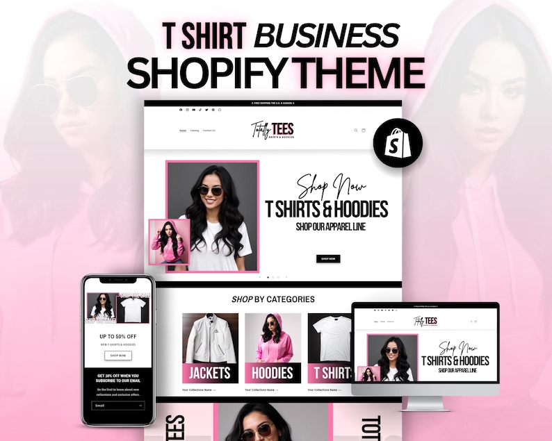 May include: A website design for a T-shirt business, featuring a Shopify theme. The design includes a desktop computer, a smartphone, and a tablet, all displaying the website. The website showcases jackets, hoodies, and t-shirts. The text reads "Shop Now T-shirts & Hoodies".