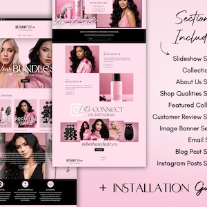 K&ouml;nnte beinhalten: Website-Mockup f&uuml;r ein Unternehmen f&uuml;r Haarverl&auml;ngerungen namens Bethany Hair. Die Website bietet eine Diashow, eine Kollektionsliste, einen &Uuml;ber-uns-Bereich, einen Bereich f&uuml;r Shop-Qualit&auml;ten, eine vorgestellte Kollektion, einen Bereich f&uuml;r Kundenbewertungen, Bereiche f&uuml;r Bannerbilder, eine E-Mail-Anmeldung, einen Blog-Bereich und einen Bereich f&uuml;r Instagram-Posts. Die Website ist rosa und schwarz mit Bildern von Frauen mit langen Haaren.