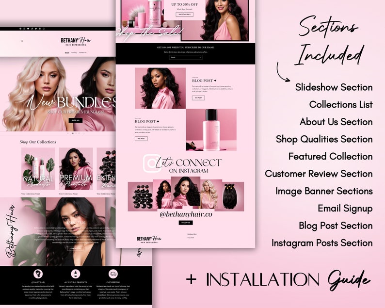 K&ouml;nnte beinhalten: Website-Mockup f&uuml;r ein Unternehmen f&uuml;r Haarverl&auml;ngerungen namens Bethany Hair. Die Website bietet eine Diashow, eine Kollektionsliste, einen &Uuml;ber-uns-Bereich, einen Bereich f&uuml;r Shop-Qualit&auml;ten, eine vorgestellte Kollektion, einen Bereich f&uuml;r Kundenbewertungen, Bereiche f&uuml;r Bannerbilder, eine E-Mail-Anmeldung, einen Blog-Bereich und einen Bereich f&uuml;r Instagram-Posts. Die Website ist rosa und schwarz mit Bildern von Frauen mit langen Haaren.