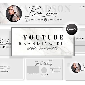Puede incluir: Un kit de marca de YouTube con plantillas de Canva editables. El kit presenta un fondo de mármol con un esquema de color blanco y negro. El texto "YouTube Branding Kit" está en negrita negra. El texto "Plantillas de Canva editables" está en negro más pequeño. El kit incluye una imagen de perfil, una pancarta y una pantalla final.