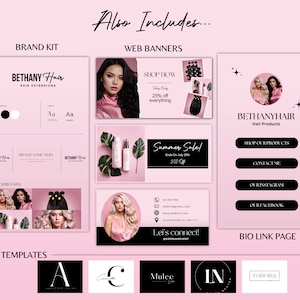 K&ouml;nnte beinhalten: Ein pinkfarbenes und schwarzes Markenkit f&uuml;r ein Haarverl&auml;ngerungsgesch&auml;ft namens Bethany Hair. Das Kit enth&auml;lt ein Logo, eine Farbpalette, ein Moodboard, Webbanner und Logo-Vorlagen. Die Webbanner zeigen einen Sommerschlussverkauf und eine Shop-Now-Aktion. Die Logo-Vorlagen umfassen eine Vielzahl von Schriftarten und Stilen.