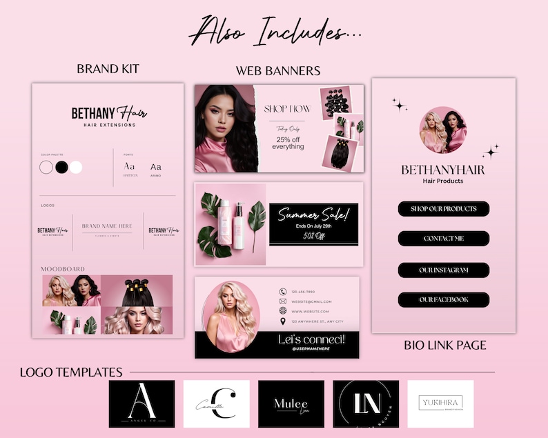 K&ouml;nnte beinhalten: Ein pinkfarbenes und schwarzes Markenkit f&uuml;r ein Haarverl&auml;ngerungsgesch&auml;ft namens Bethany Hair. Das Kit enth&auml;lt ein Logo, eine Farbpalette, ein Moodboard, Webbanner und Logo-Vorlagen. Die Webbanner zeigen einen Sommerschlussverkauf und eine Shop-Now-Aktion. Die Logo-Vorlagen umfassen eine Vielzahl von Schriftarten und Stilen.