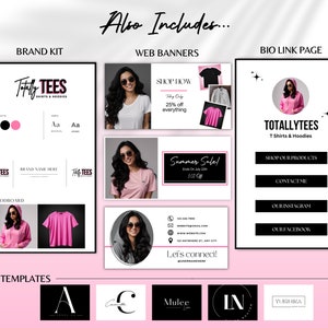 May include: A graphic design kit for Totally Tees, featuring a brand kit, web banners, and a bio link page. The kit includes logo templates, mood boards, and promotional materials with a pink and black color scheme. The text includes "Totally Tees" and "Summer Sale!"