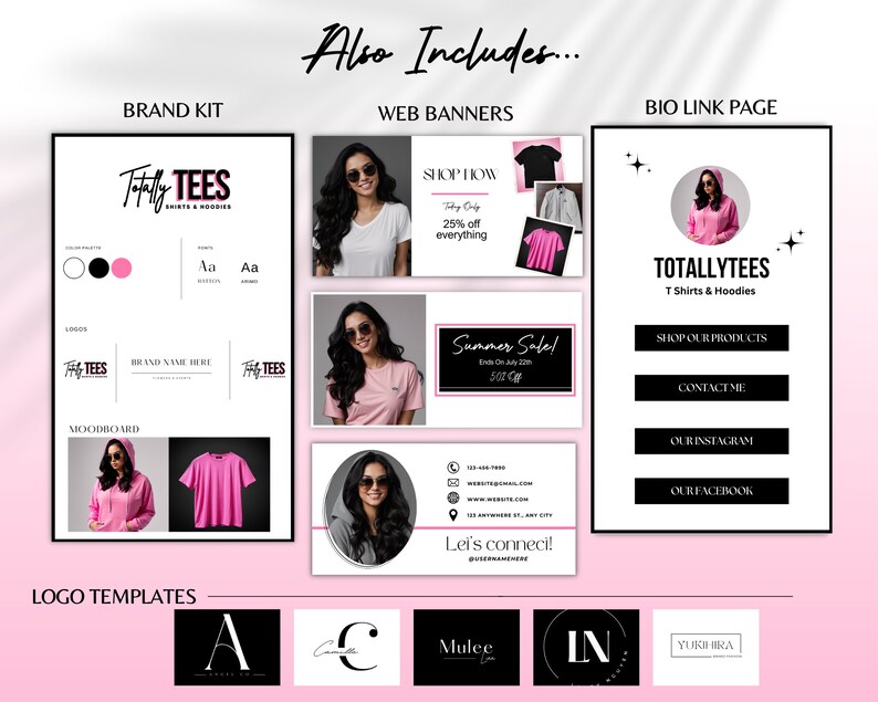 May include: A graphic design kit for Totally Tees, featuring a brand kit, web banners, and a bio link page. The kit includes logo templates, mood boards, and promotional materials with a pink and black color scheme. The text includes "Totally Tees" and "Summer Sale!"
