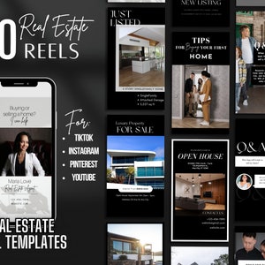 Plantillas de reels inmobiliarios / Reels de TikTok e Instagram / Reels de promoción inmobiliaria para todo tipo de negocios / 60 plantillas editables de Canva