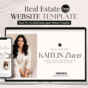 Puede incluir: La pantalla de un ordenador portátil muestra una plantilla de sitio web para un agente inmobiliario. La plantilla presenta una foto profesional de una mujer, un logotipo con el texto "REAL ESTATE KAILIN DAVIS" y el lema "HELPING PEOPLE FIND THEIR DREAM HOME, ONE CLIENT AT A TIME."