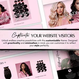 K&ouml;nnte beinhalten: Website-Mockup f&uuml;r ein Unternehmen, das Haarverl&auml;ngerungen verkauft. Die Website zeigt Bilder von Frauen mit langen, flie&szlig;enden Haaren und Text, der die Produkte und Dienstleistungen des Unternehmens hervorhebt. Der Text enth&auml;lt die W&ouml;rter "Premium Frontals", "Extension Bundles", "New Bundles" und "Captivate Your Website Visitors".