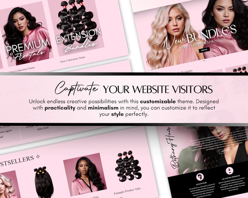 K&ouml;nnte beinhalten: Website-Mockup f&uuml;r ein Unternehmen, das Haarverl&auml;ngerungen verkauft. Die Website zeigt Bilder von Frauen mit langen, flie&szlig;enden Haaren und Text, der die Produkte und Dienstleistungen des Unternehmens hervorhebt. Der Text enth&auml;lt die W&ouml;rter "Premium Frontals", "Extension Bundles", "New Bundles" und "Captivate Your Website Visitors".